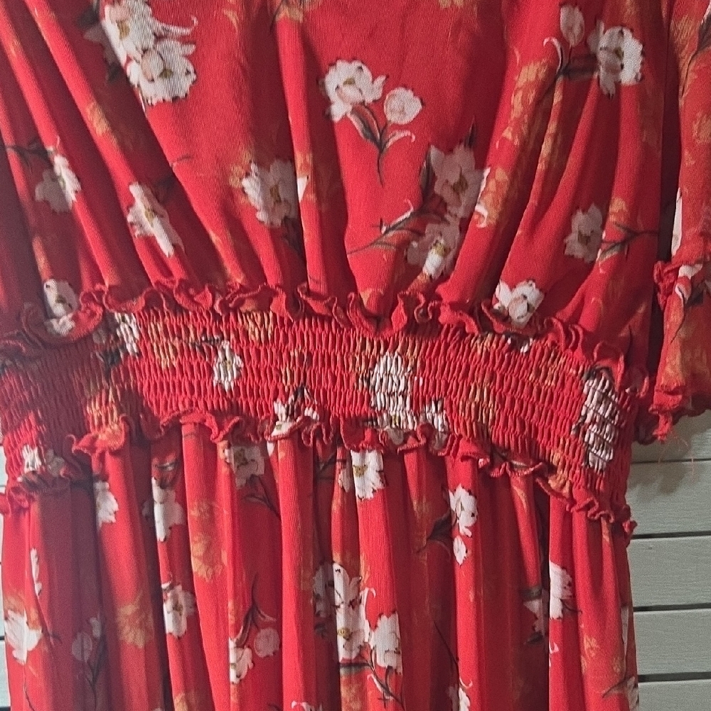 Indigo Rose Red Floral Midi Dress with Smocked Waist - Picture 3 of 8